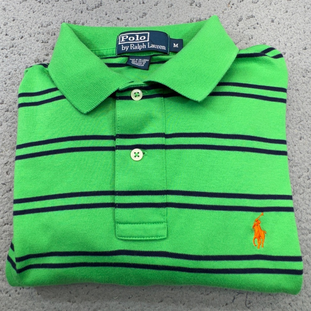 Ralph Lauren Polo Shirt Mens Medium Green Striped Orange Pony Preppy Casual